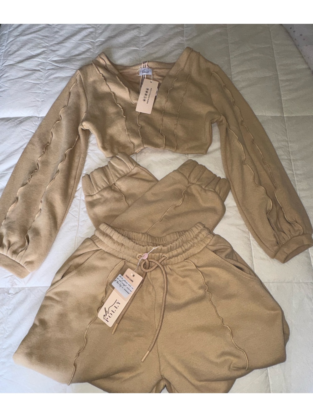 Oh Polly Beige Cropped Sweatshirt & Drawstring Joggers Set